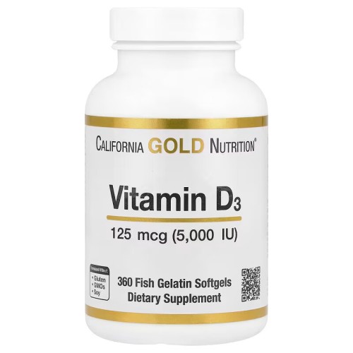 California Gold Nutrition, витамин D3, 125 мкг (5000 МЕ), 360 капсул из рыбьего желатина