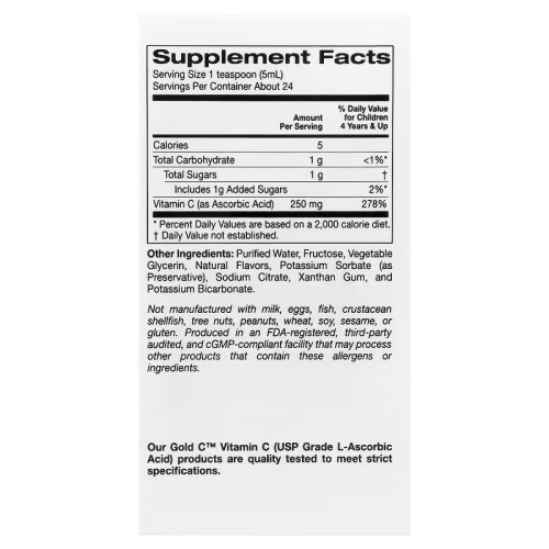 California Gold Nutrition, витамин C в жидкой форме для детей, класса USP, апельсин, 118 мл (24 порции)