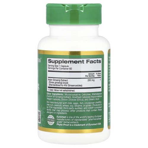 California Gold Nutrition, EuroHerbs, экстракт женьшеня обыкновенного, качество Euromed, 250 мг, 60 растительных капсул