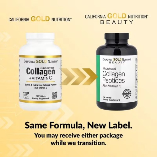 California Gold Nutrition, пептиды гидролизованного коллагена I и III типов с витамином C, 250 таблеток