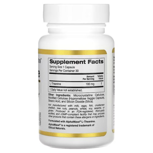 California Gold Nutrition, L-теанин, с AlphaWave, 100 мг, 30 растительных капсул