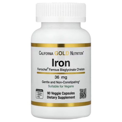 California Gold Nutrition, Ferrochel, железо (бисглицинат), 36 мг, 90 растительных капсул