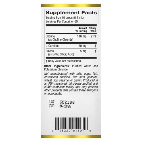 California Gold Nutrition, Холиновый и кремниевый комплекс, кремний для поддержки коллагена, 30 мл (60 порций)