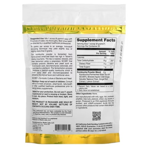 California Gold Nutrition, Superfoods, комбуча в порошке, со вкусом имбиря и лимона, 160 г (5,64 унции)