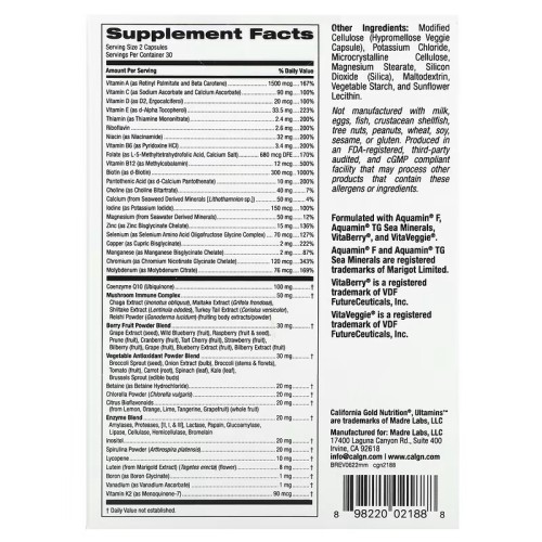 California Gold Nutrition, Ultamins, мультивитаминный комплекс для мужчин с коэнзимом Q10, грибами, ферментами, овощами и ягодами, 60 растительных капсул