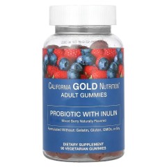 California Gold Nutrition, пробиотик с инулином, витамином C, фолатом, смесью экстрактов ягод и органическим инулином, с натуральным ягодным вкусом, 90 вегетарианских жевательных таблеток