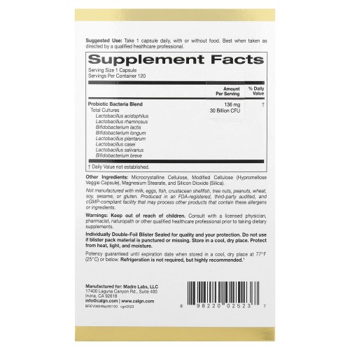 California Gold Nutrition, LactoBif® 30, пробиотики, 30 млрд КОЕ, 120 растительных капсул
