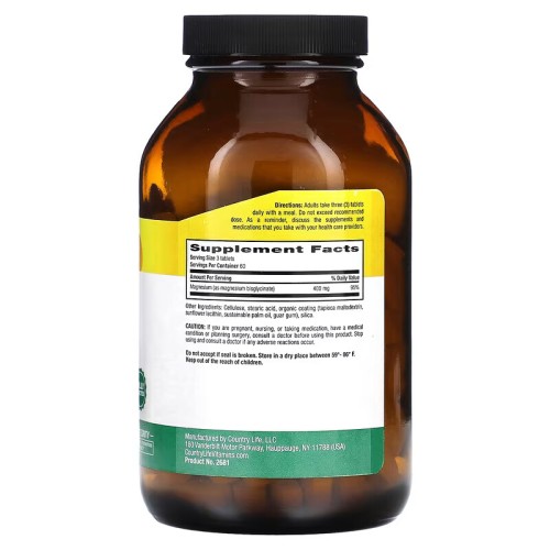 Country Life, хелатный глицинат магния, 180 таблеток (60 порций)