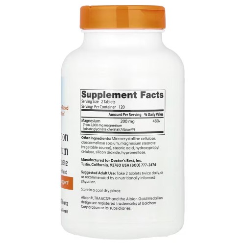 Doctor's Best, Лизинат магния и глицинат с высокой степенью усвоения, хелатная форма, Albion TRAACS, 240 таблеток (120 порций)