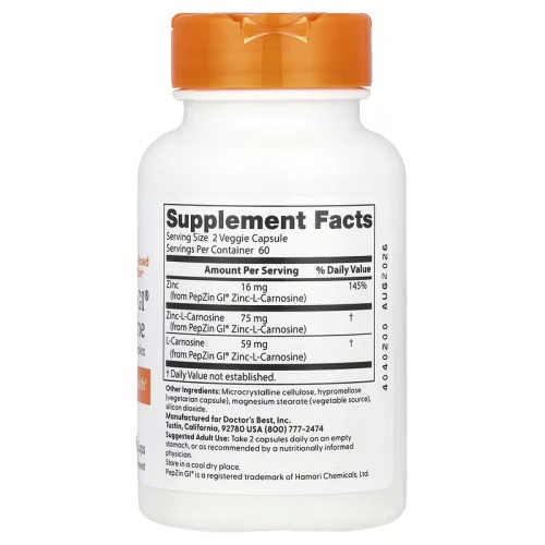 Doctor's Best, PepZin GI, комплекс цинк-L-карнозина, 120 вегетарианских капсул (60 порций)