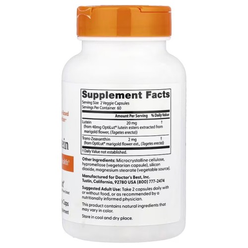 Doctor's Best, лютеин, 120 вегетарианских капсул (60 порций)