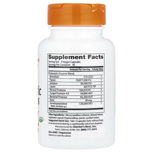 Doctor's Best, протеолитические ферменты, 90 вегетарианских капсул с отсроченным высвобождением (30 порций)