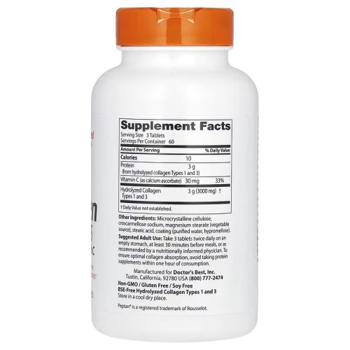 Doctor's Best, коллаген типов 1 и 3 с витамином C, 180 таблеток (60 порций)