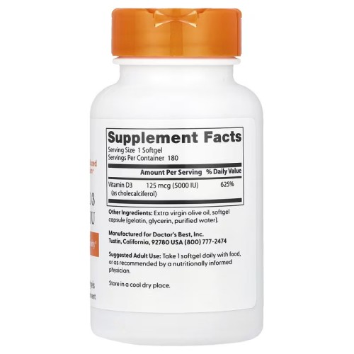 Doctor's Best, витамин D3, 125 мкг (5 000 МЕ), 180 капсул