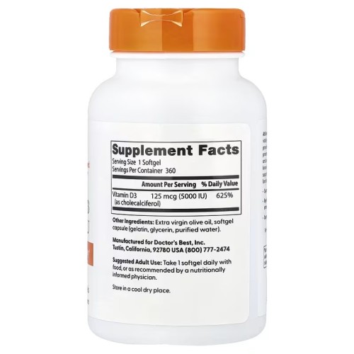Doctor's Best, витамин D3, 125 мкг (5000 МЕ), 360 капсул