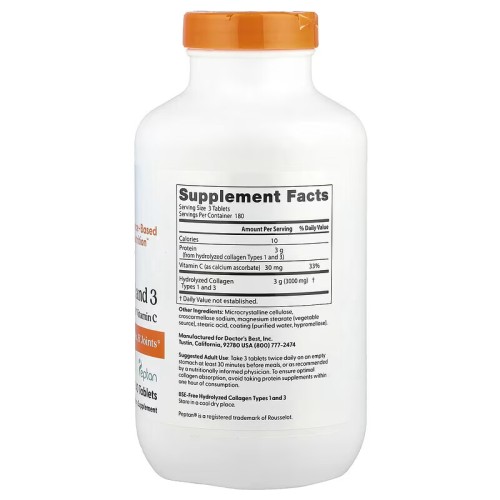 Doctor's Best, коллаген типов 1 и 3 с витамином C, 540 таблеток (180 порций)