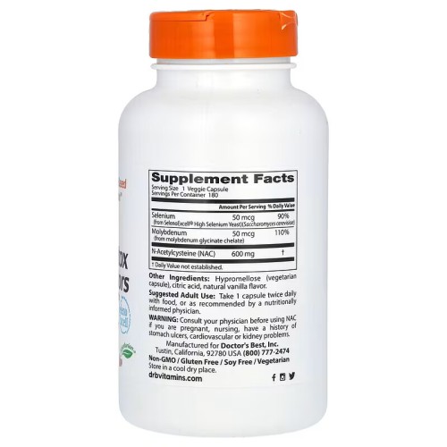 Doctor's Best, N-ацетилцистеин (NAC) для регуляции процесса детоксикации, 180 вегетарианских капсул