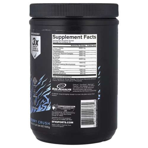 EFX Sports, Предтренировочный комплекс K-otic, со вкусом голубики, 500 г (20 порций)