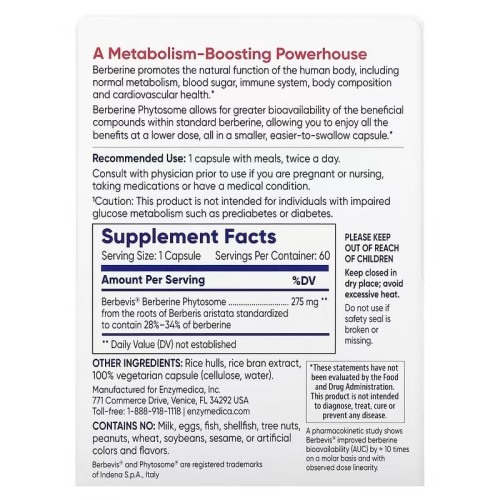 Enzymedica, фитосомы берберина, 60 капсул (275 мг в 1 капсуле/60порций)