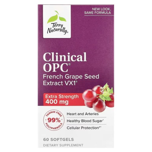 Terry Naturally, Clinical OPC, Экстракт семян французского винограда с повышенной силой действия, 400 мг, 60 мягких таблеток