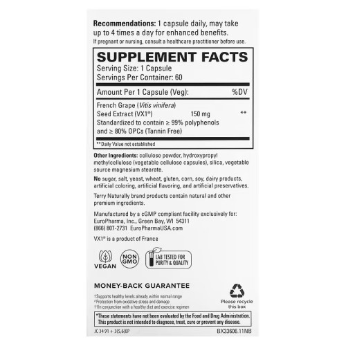 Terry Naturally, Clinical OPC, Экстракт семян французского винограда,150 мг, 60 капсул (УЦЕНКА! Срок годности: 06/25)