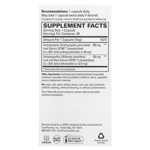 Terry Naturally, Андрографис и ашваганда, 60 капсул