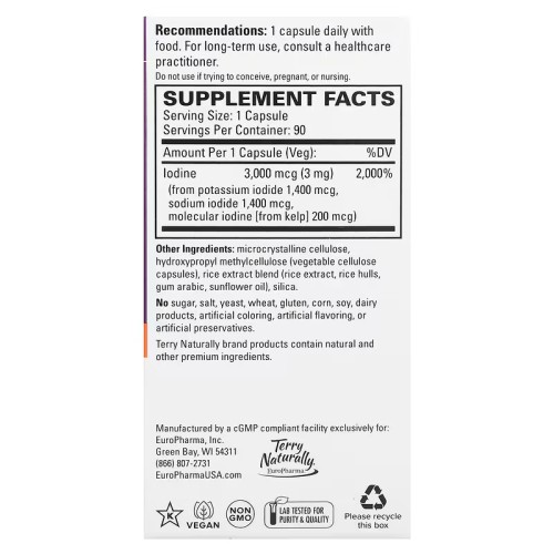 Terry Naturally, Tri-Iodine, йод, 3 мг, 90 капсул (УЦЕНКА! Срок годности: 09/25)