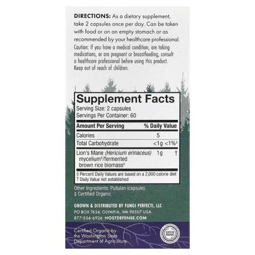 Fungi Perfecti Host Defense, Mushrooms, ежовик гребенчатый, поддержка памяти и нервной системы, 120 вегетарианских капсул (60 порций)