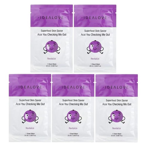 Idealove, Superfood Skin Savior, маска для лица с суперфудами, асаи, 5 шт по 20 мл (0,68 жидк. унции)