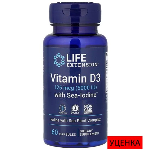 Life Extension, витамин D3 с йодом Sea-Iodin, 125 мкг (5000 МЕ), 60 капсул