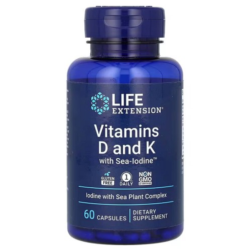 Life Extension, витамины D и К с йодом Sea-Iodine, 60 капсул