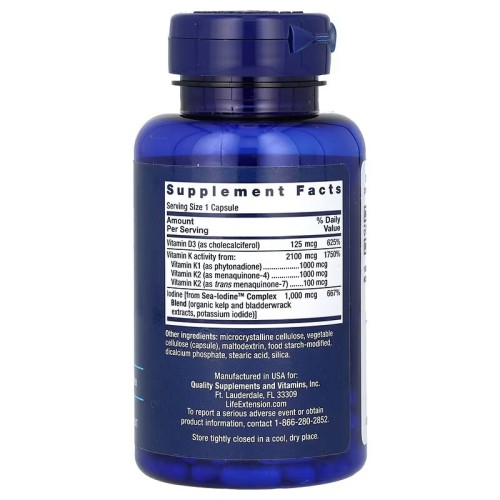 Life Extension, витамины D и К с йодом Sea-Iodine, 60 капсул