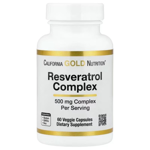 California Gold Nutrition, комплекс с ресвератролом с экстрактом виноградных косточек, экстрактом красного вина и транс-ресвератролом, 60 растительных капсул