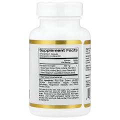 California Gold Nutrition, комплекс с ресвератролом с экстрактом виноградных косточек, экстрактом красного вина и транс-ресвератролом, 60 растительных капсул