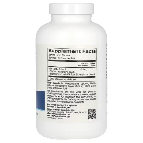Lake Avenue Nutrition, экстракт расторопши, 175 мг, 240 растительных капсул