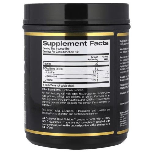 California Gold Nutrition, быстрорастворимый порошок BCAA с L-лейцином, L-изолейцином и L-валином, без ароматизаторов, 907 г (2 фунта)
