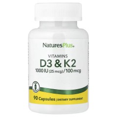 NaturesPlus, витамины D3 25 мкг и К2 100 мкг, 90 капсул