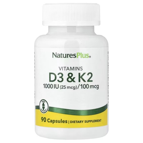 NaturesPlus, витамины D3 25 мкг и К2 100 мкг, 90 капсул