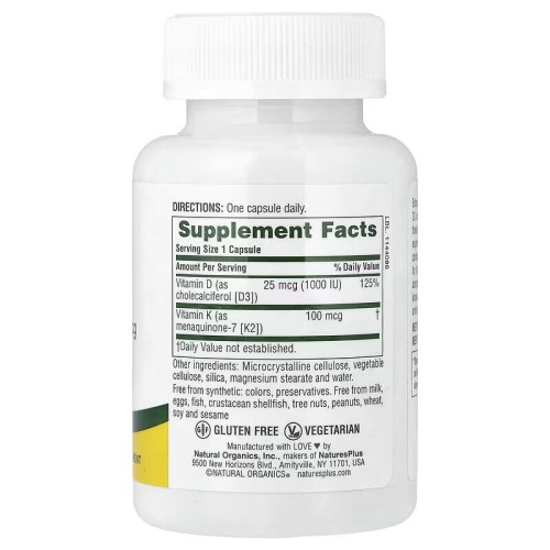 NaturesPlus, витамины D3 25 мкг и К2 100 мкг, 90 капсул
