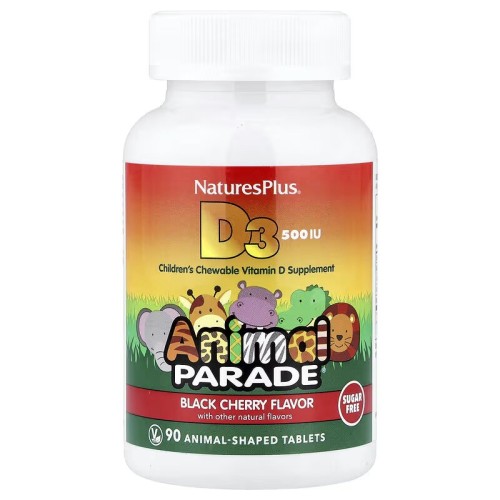 NaturesPlus, Animal Parade, витамин D3, без сахара, черешня, 12,5 мкг (500 МЕ), 90 таблеток