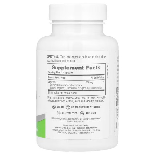 NaturesPlus, Pro Longvida®, куркумин, 500 мг, 60 капсул