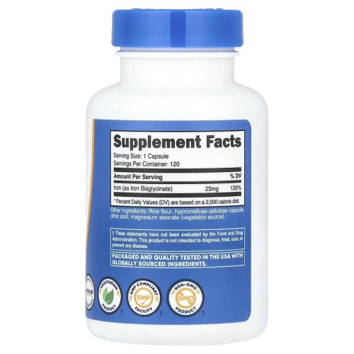 Nutricost, Железо, 25 мг, 120 капсул