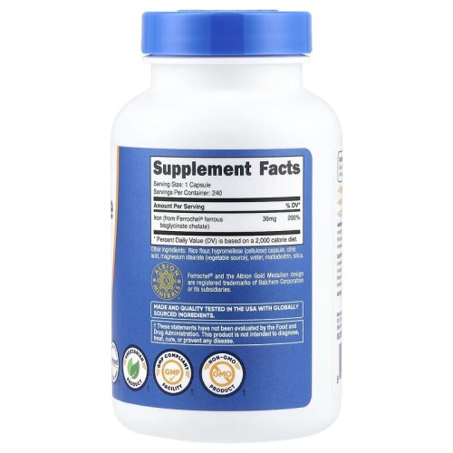 Nutricost, Хелат железа от Ferrochel, 36 мг, 240 капсул