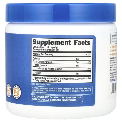 Nutricost, D-рибоза, без добавок, 250 г (50 порций)