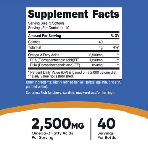 Nutricost, омега-3, 120 мягких капсул (40 порций)