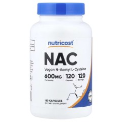 Nutricost, NAC, веганский N-ацетил L-цистеин, 600 мг, 120 капсул