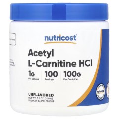 Nutricost, Ацетил L-карнитин гидрохлорид, без добавок, 100 г (3,5 унции)
