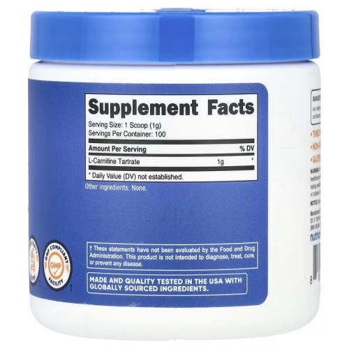 Nutricost, L-карнитин тартрат, без добавок, 100 г (3,5 унции)