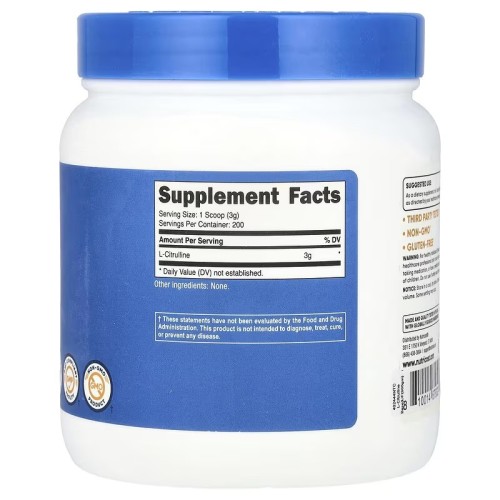 Nutricost, L-цитруллин, без добавок, 600 г, 200 порций