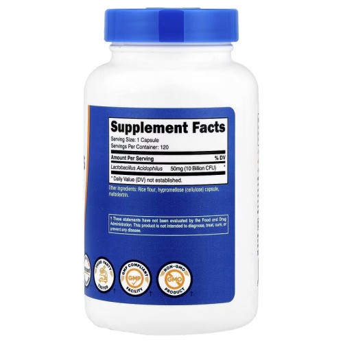 Nutricost, ацидофильные лактобактерии (Lactobacillus acidophilus), 50 мг (10 млрд КОЕ), 120 капсул